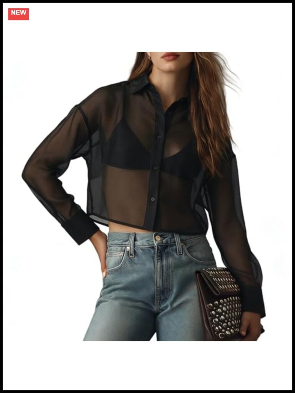Sheer Button Down Crop Top Long Sleeve Lapel Collar Blouse